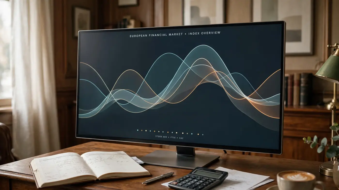 Gráficos de mercados financieros europeos en un monitor grande con curvas abstractas