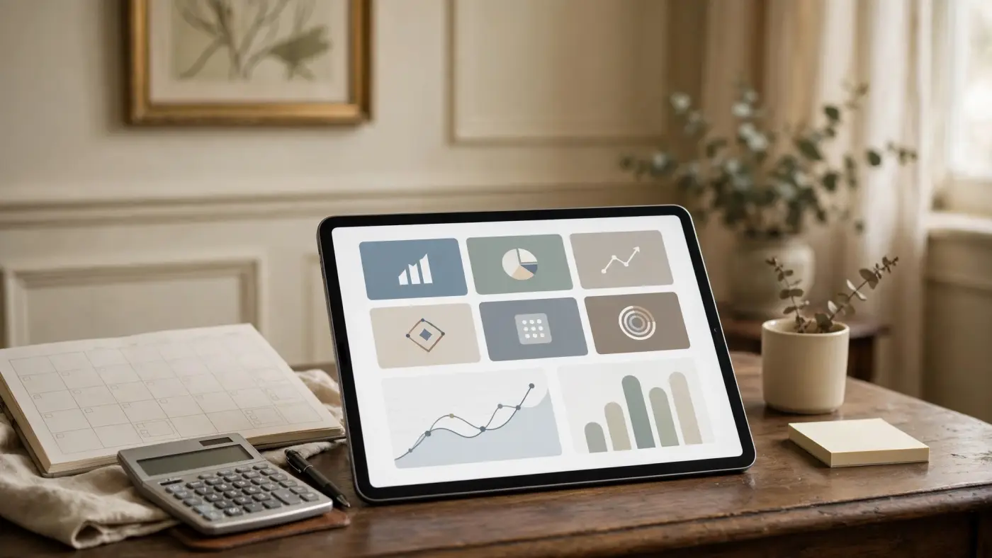 Panel financiero interactivo en una tableta con indicadores abstractos