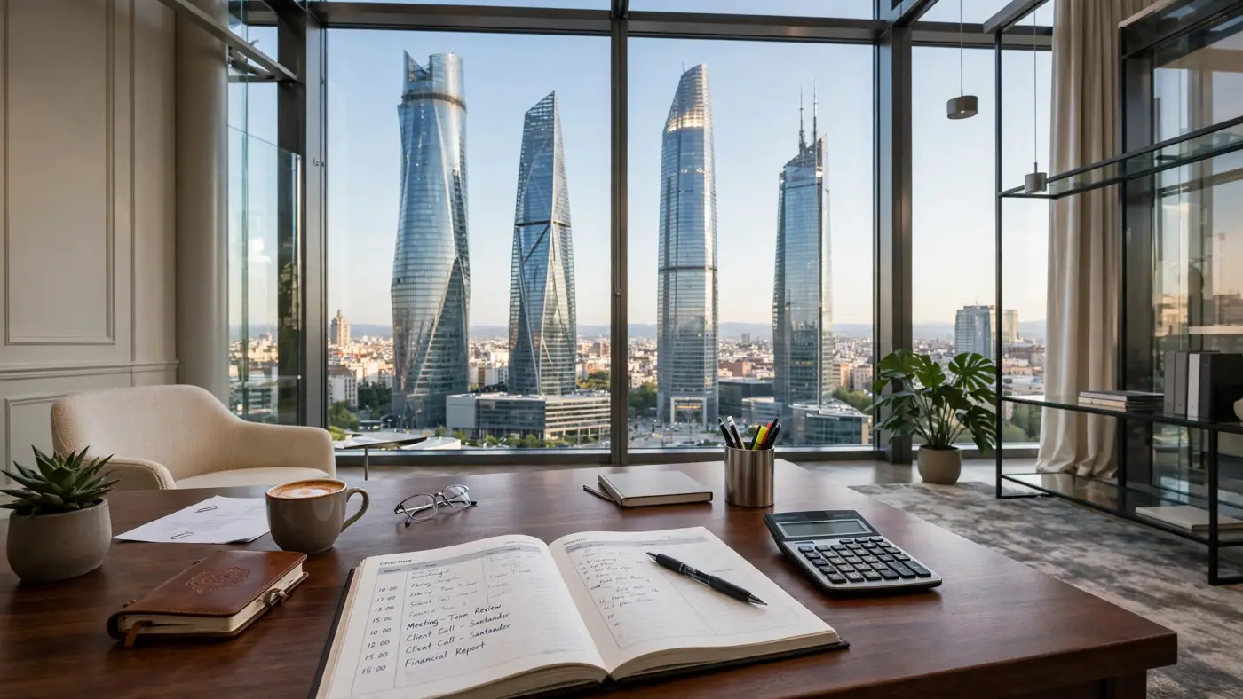Centro financiero moderno en Madrid con las torres de Cuatro Torres al fondo