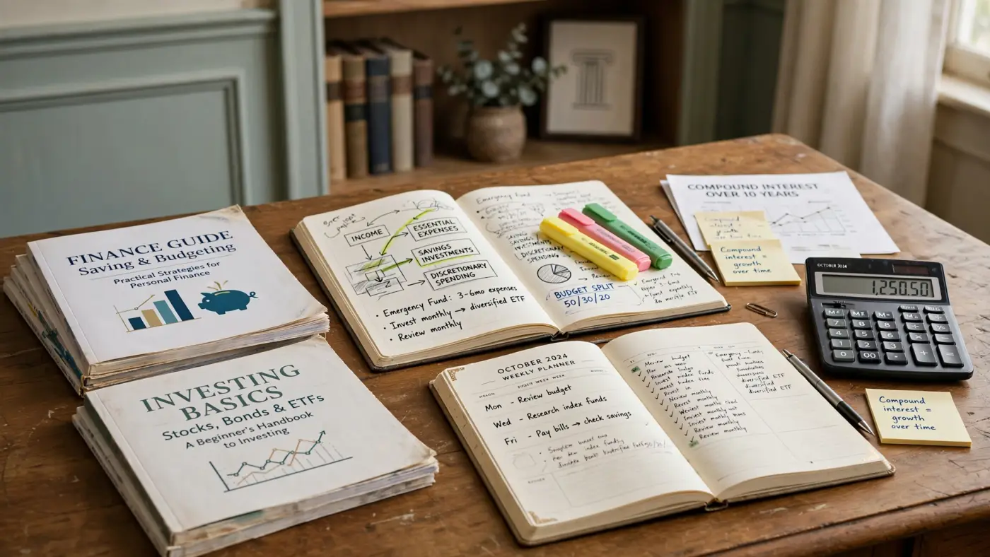 Materiales educativos sobre un escritorio: guías de finanzas, cuaderno con diagramas y rotuladores