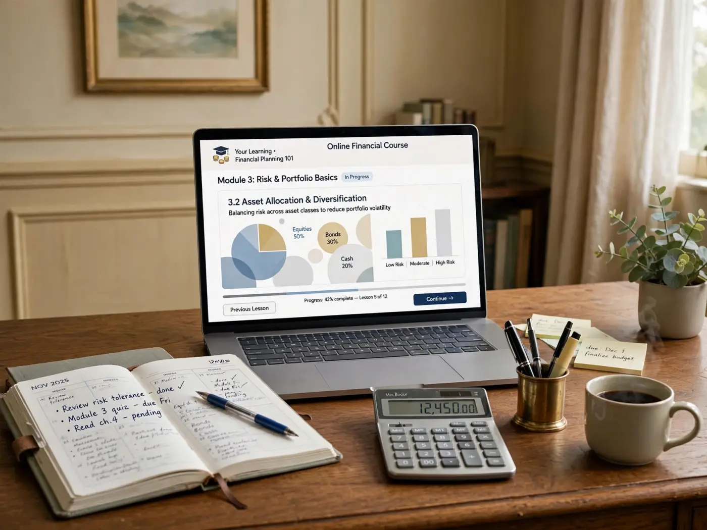 Curso financiero en línea en la pantalla de un portátil con diapositivas abstractas y barra de progreso